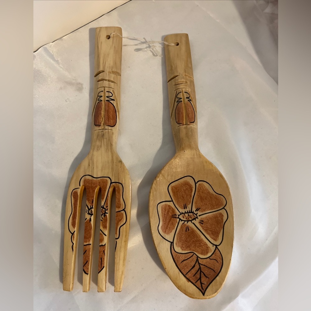 Vintage wooden boho painted large wooden fork and spoons